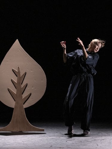 dancer next to a tree in a setting on a black background.