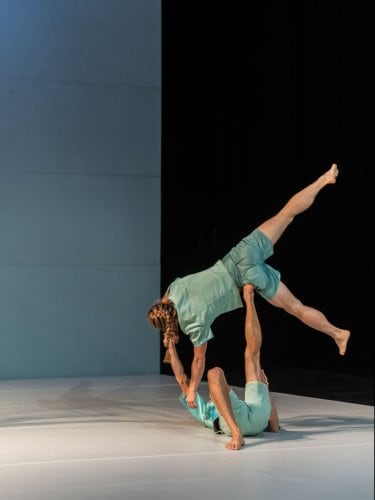 danseurs en tenues claires effectuant des portés et des figures acrobatiques sur scène