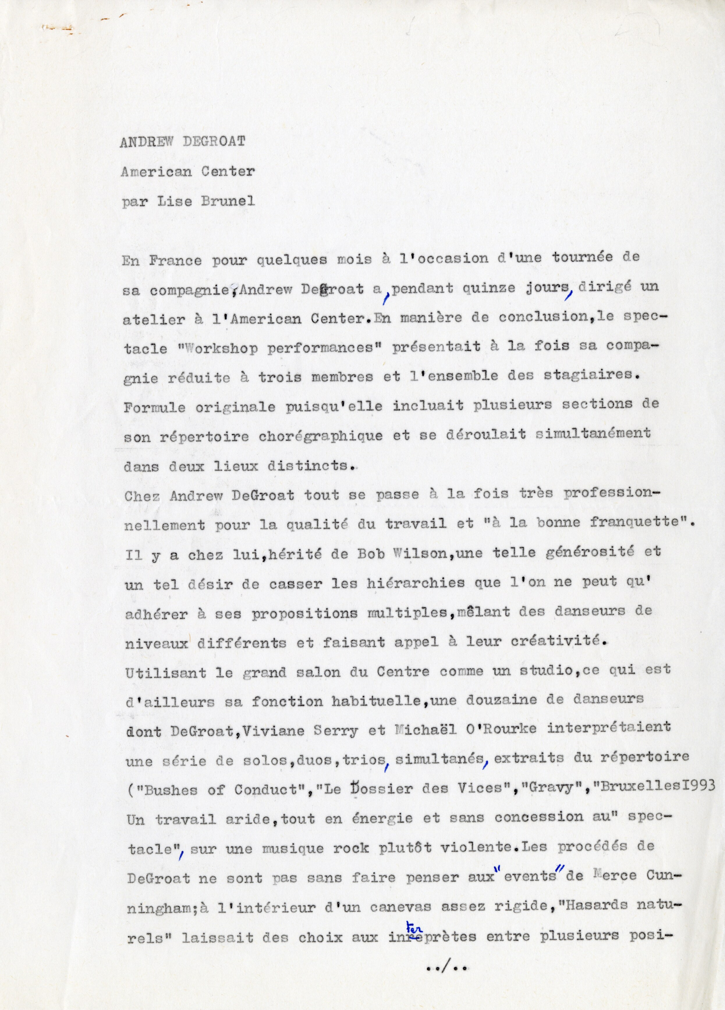 Lise Brunel, reproduction of a typescript of an article that appeared in Seasons of Dance (“Saisons de la danse,”) 1983 - CND Media Library - Lise Brunel Fund