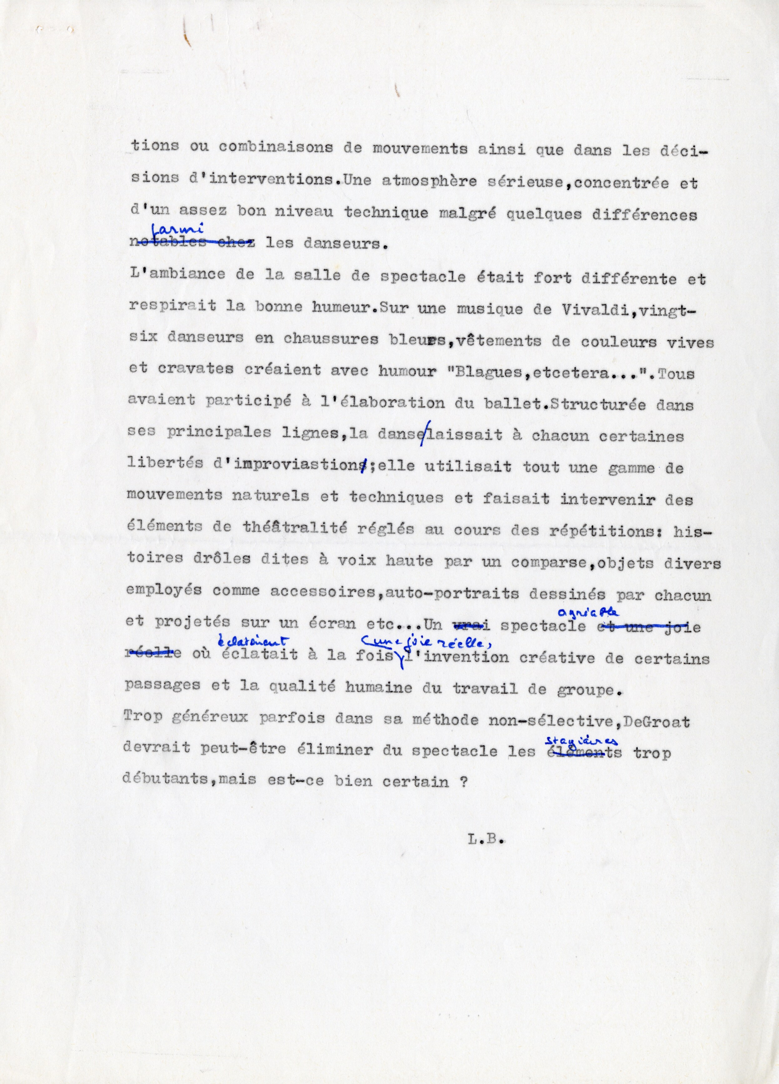 Lise Brunel, reproduction of a typescript of an article that appeared in Seasons of Dance (“Saisons de la danse,”) 1983 - CND Media Library - Lise Brunel Fund