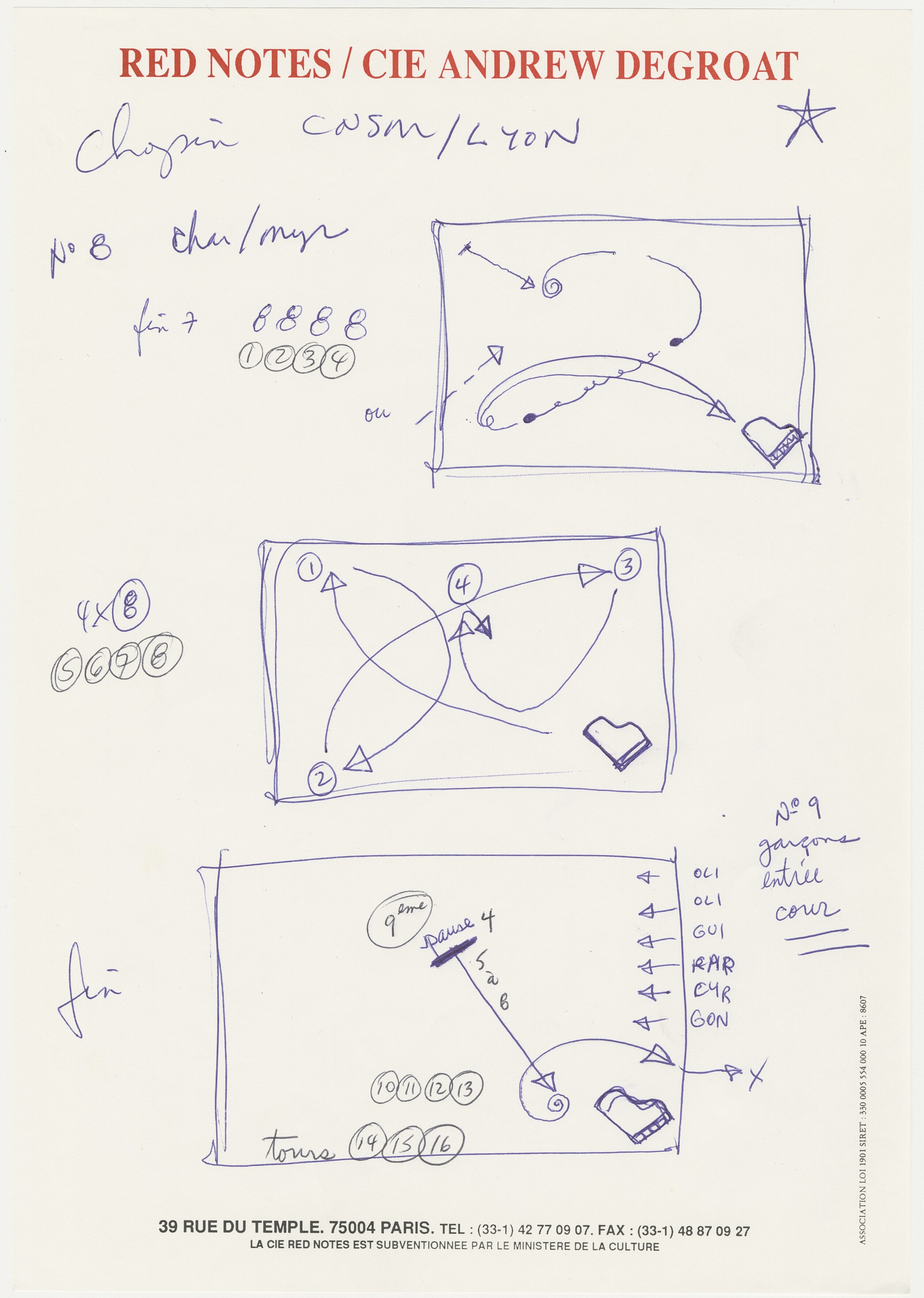 Croquis de parcours et comptes d'Andy De Groat pour "Portraits de danseurs" interprété par le CNSMD de Lyon, 1985 - Médiathèque du CND-Fonds Andy De Groat