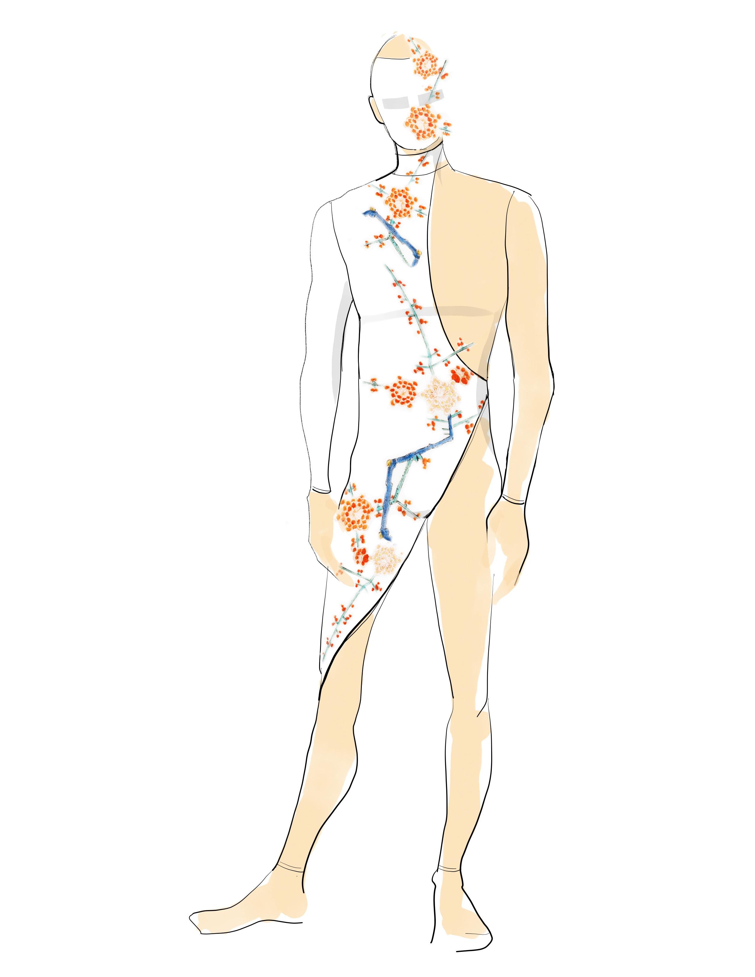 Preparatory drawing of the Prince's costume, dressed in a white half-gown with floral motifs, revealing the skin of the dancer, whose face is hidden by a white mask with flowers. Drawing made by Harriet Jung.