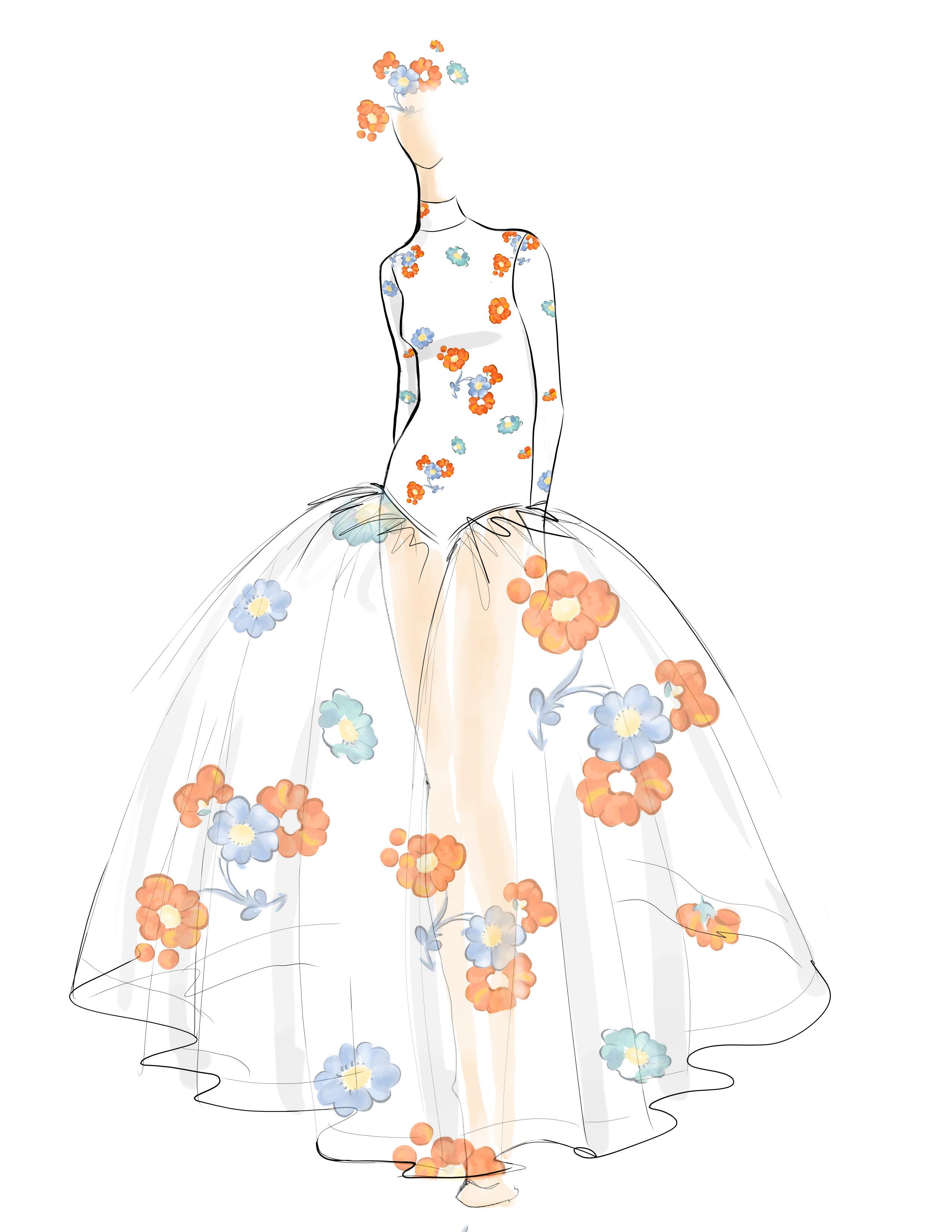 Preparatory drawing of the costume of the Princess, wearing a white leotard with blue and red floral motifs, long white gloves and a white tulle skirt with flowers, by Harriet Jung