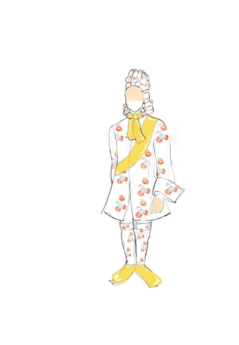 Preparatory drawing of the Wizard's costume, dressed in a white frock coat with flowers, yellow shoes and accessories, by Harriet Jung