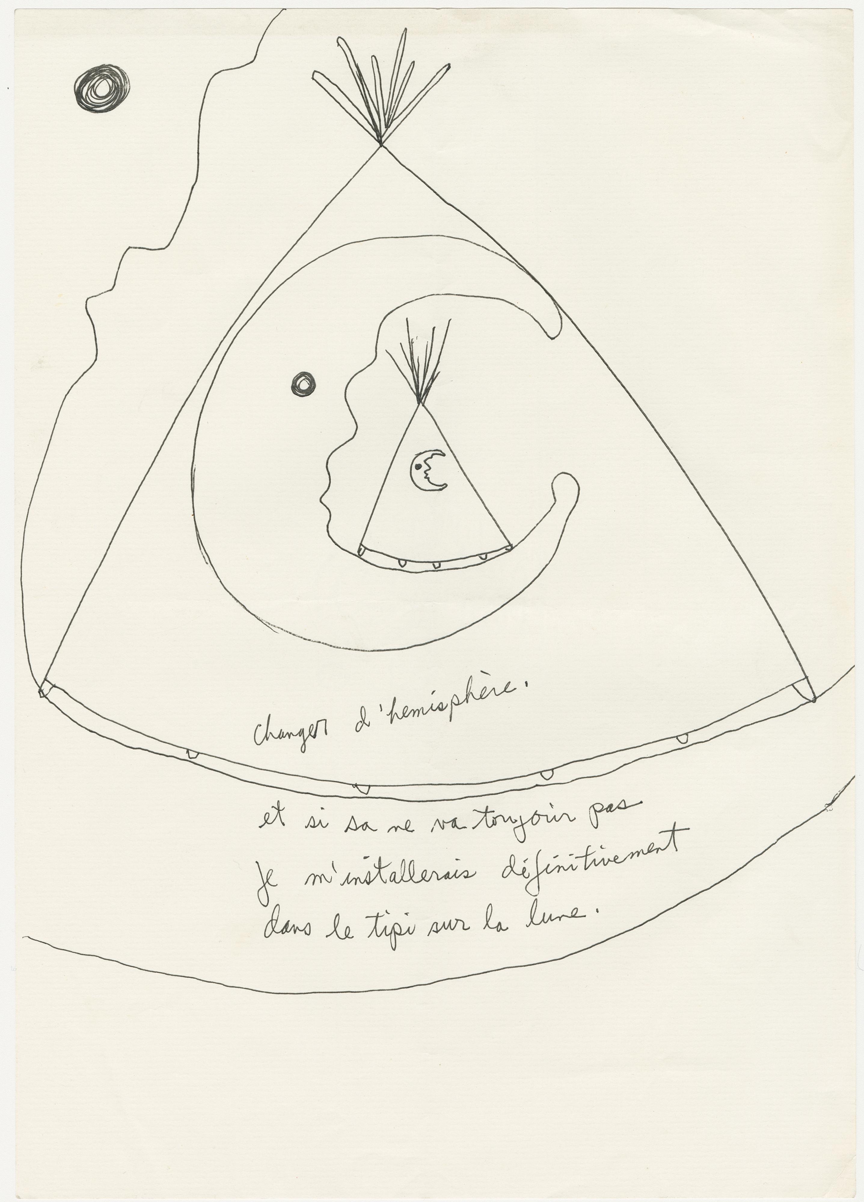 Preparatory black and white drawing by Andy De Groat for the outreach documents for "Tipi on the moon (Julien doesn't want to come back)” ("Tipi sur la lune (Julien ne veut plus revenir)"), Festival Carambole (Montauban), March 1999 - CND Media Library - Andy De Groat Fund