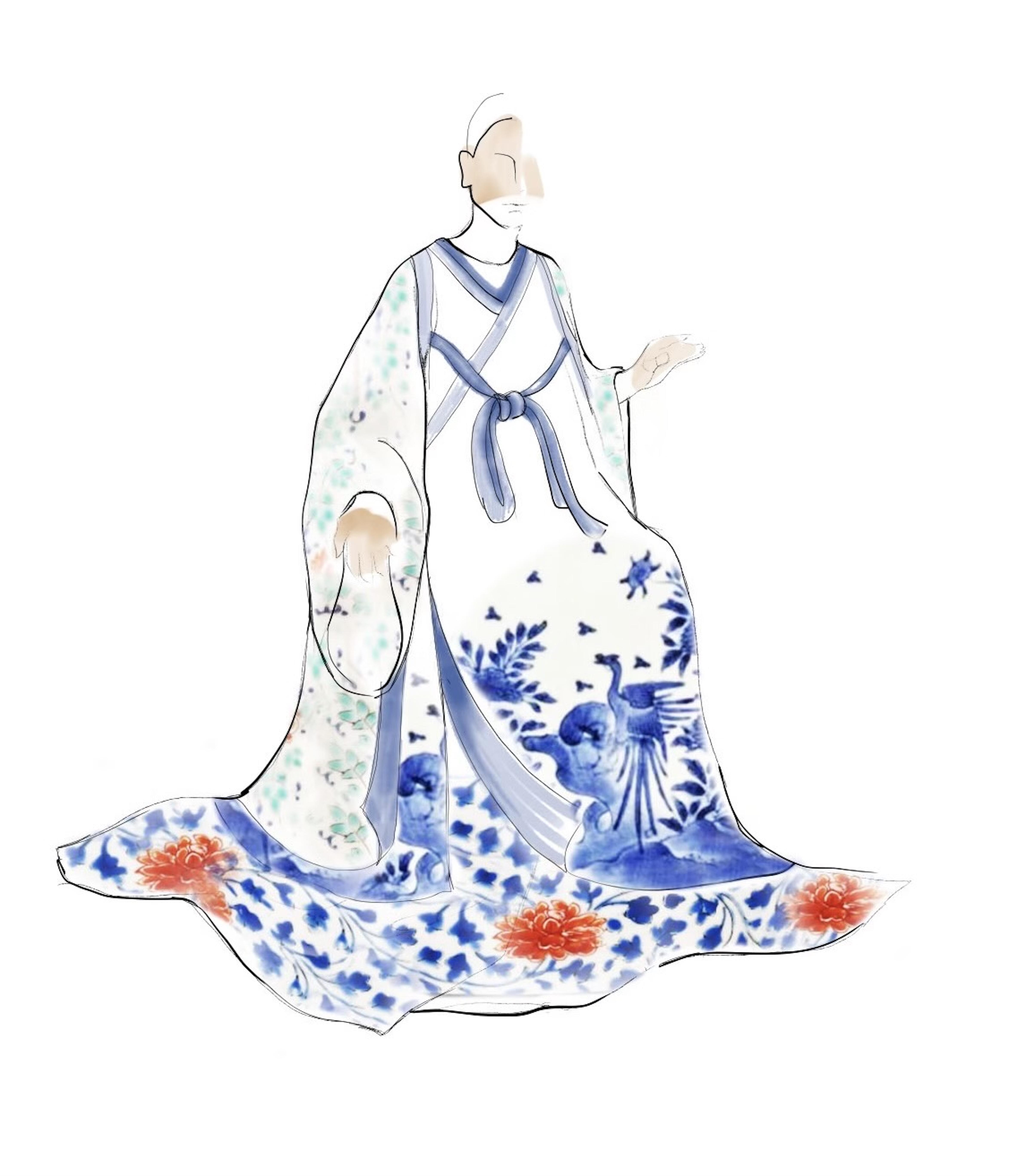 Preparatory drawing of the Musician's costume, dressed in a white toga with red flowers and blue animal motifs, covered with a white coat with floral motifs, by Harriet Jung