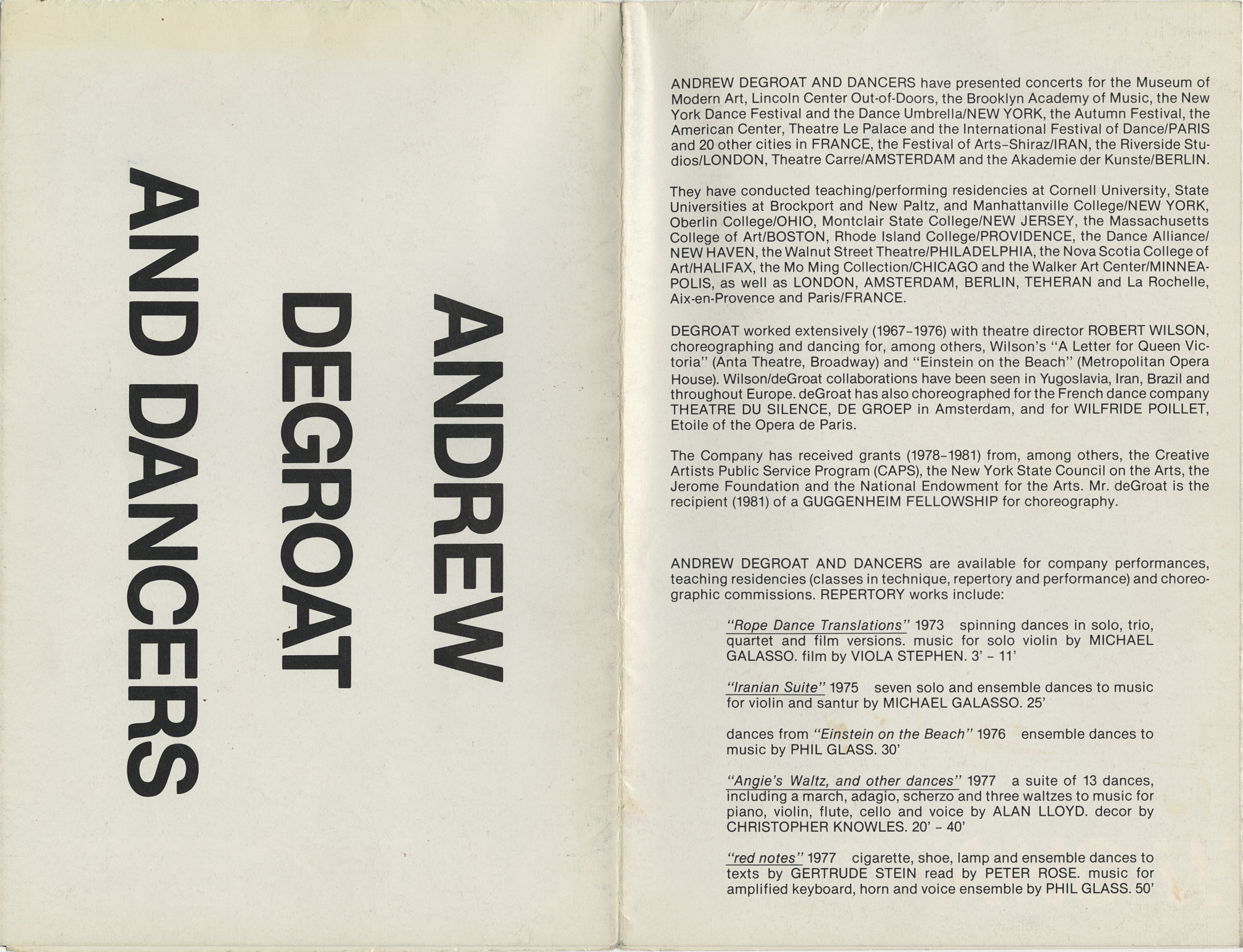 Document de diffusion de la compagnie Andrew de Groat and Dancers, ca. 1981 - Médiathèque du CND-Fonds Andy De Groat