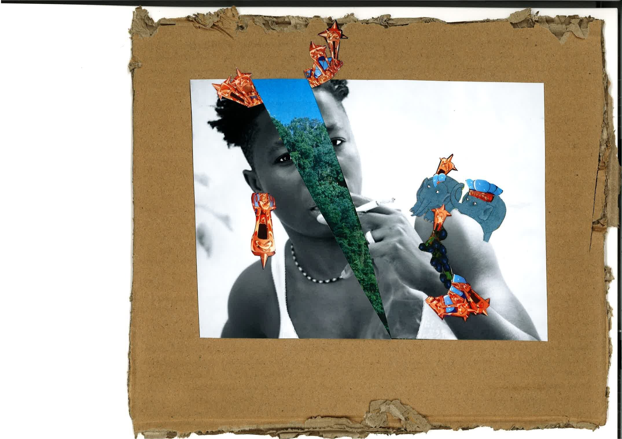 collage on cardboard of a photographic portrait of a woman