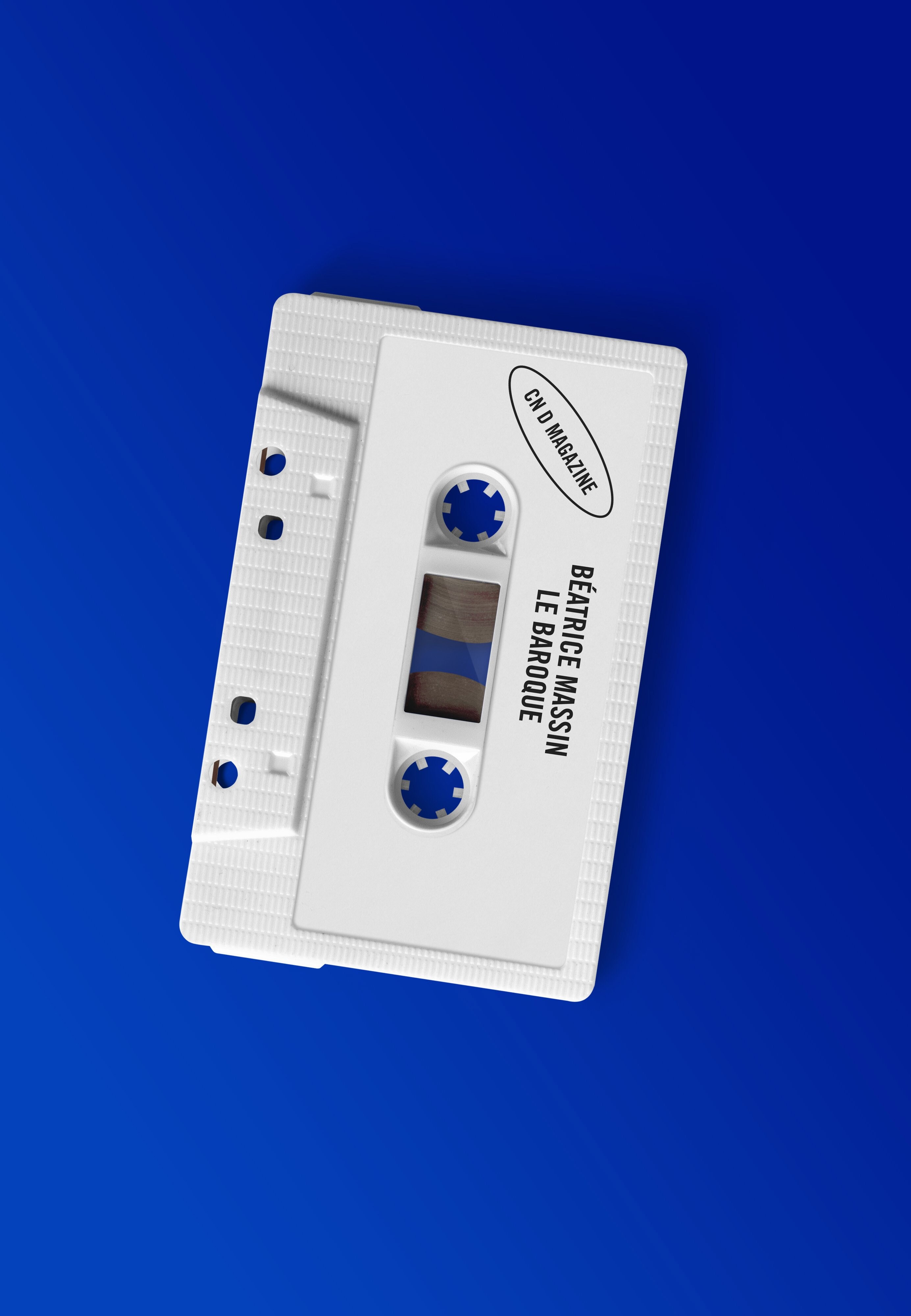 white tape on a blue background with the name of Béatrice Massin