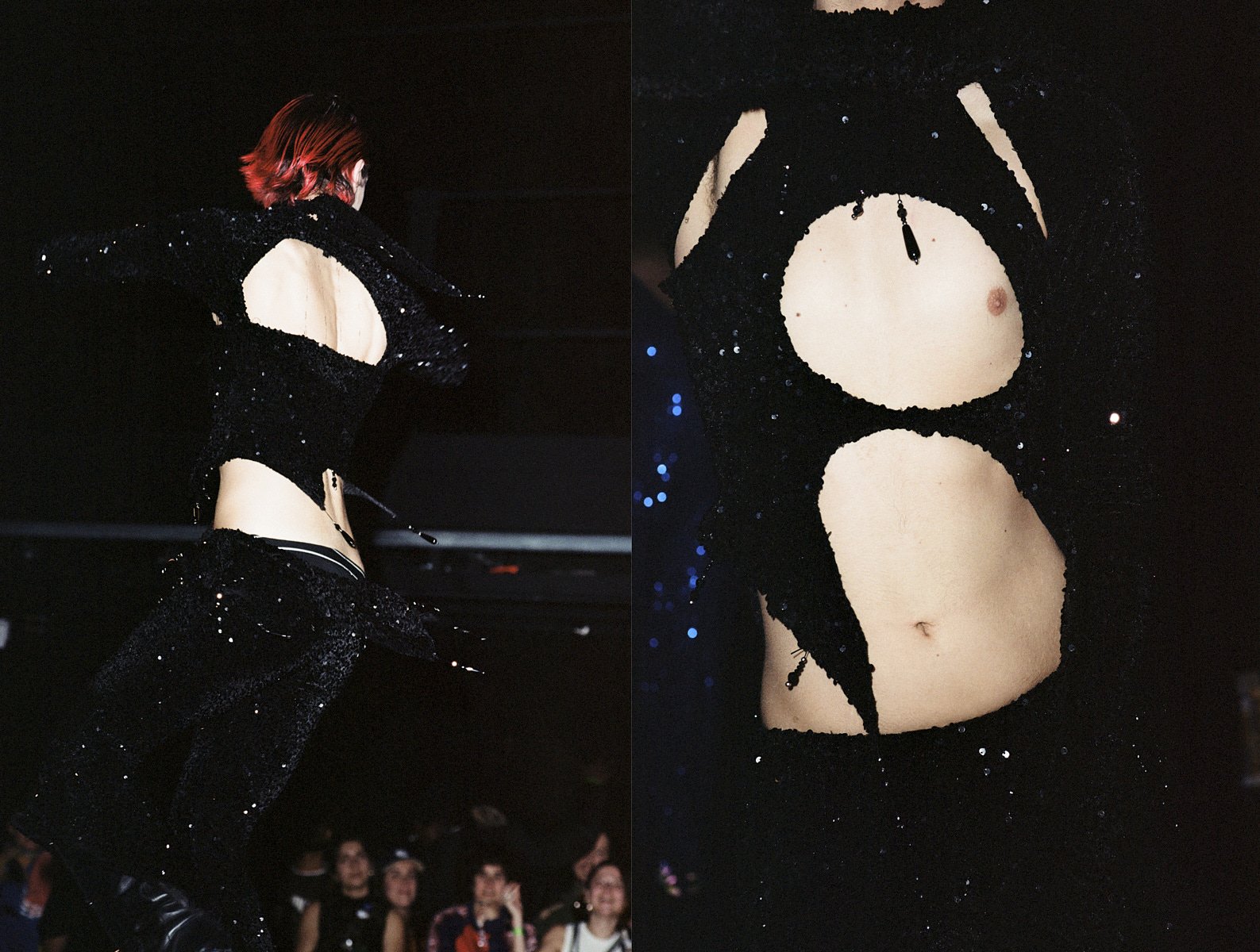 Two dancers in movement with ripped costumes.