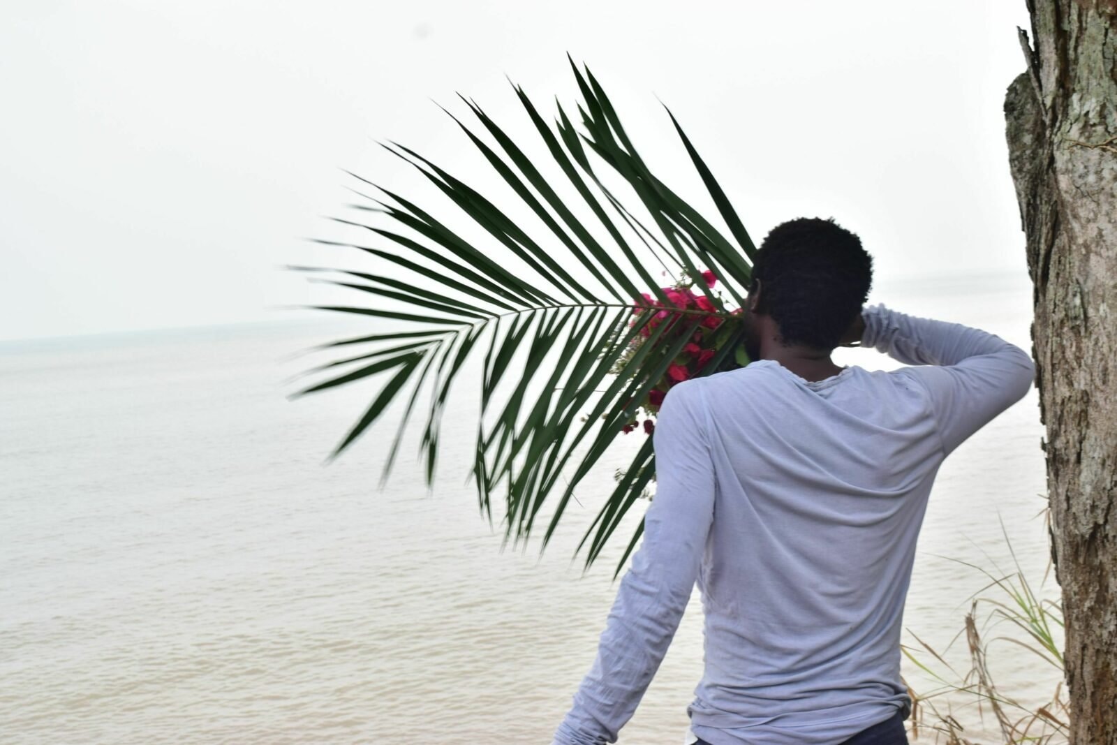 un homme de dos regardant la mer avec une branche de palmier dans les mains