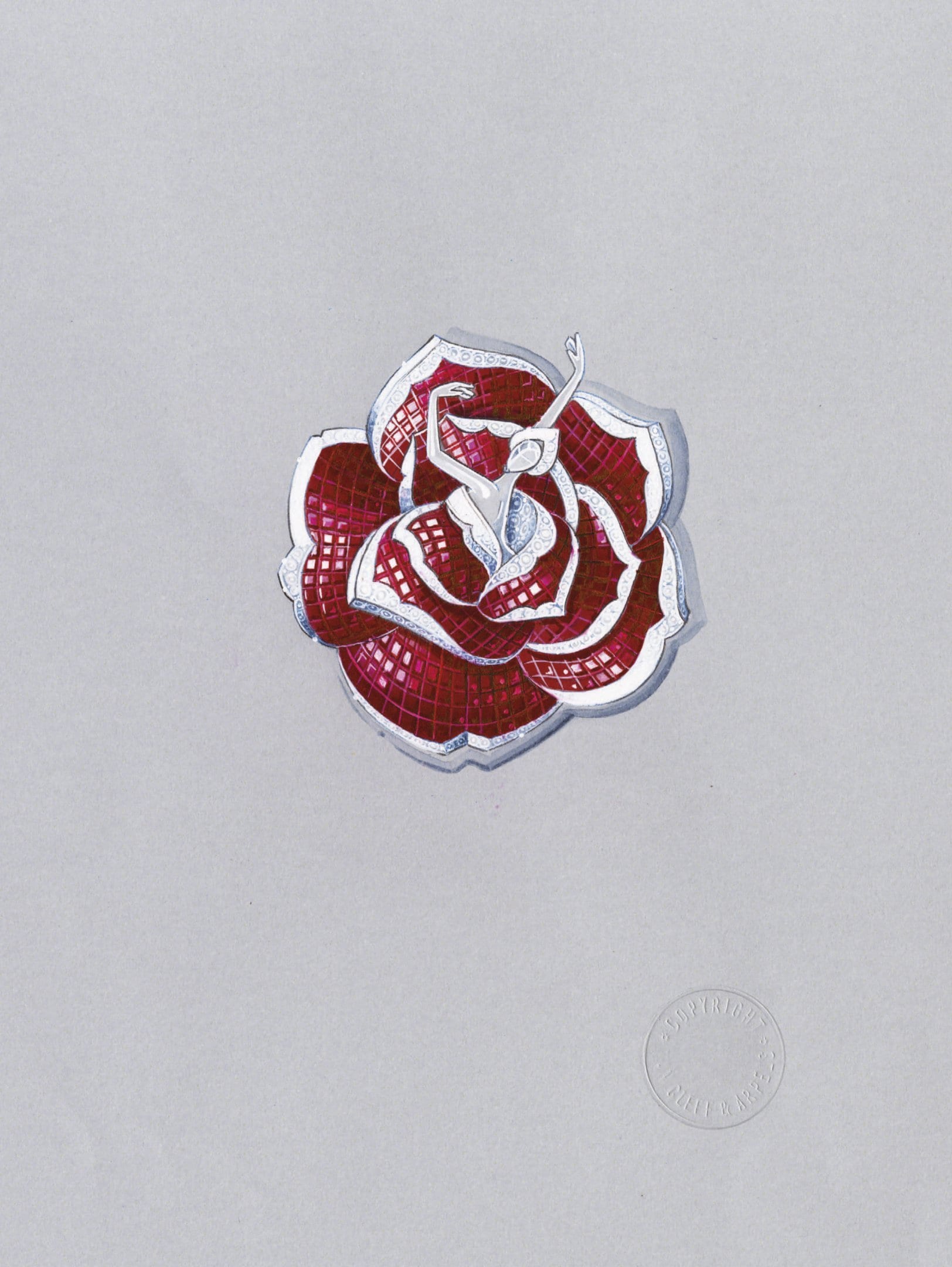 Gouaché d'un clip Van Cleef & Arpels représentant une danseuse vue du dessus dans une robe rouge en forme de pivoine