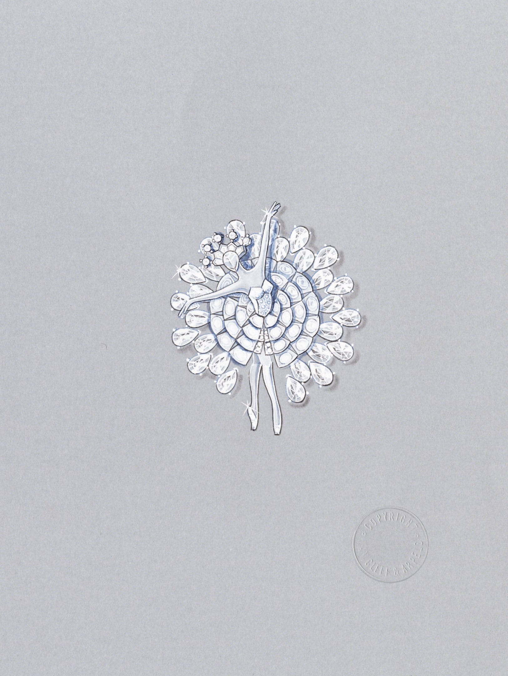 Gouaché d'un clip Van Cleef & Arpels représentant une danseuse dans une robe en diamants 