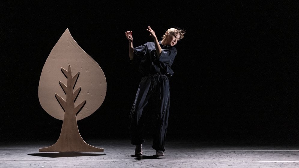 dancer next to a tree in a setting on a black background.