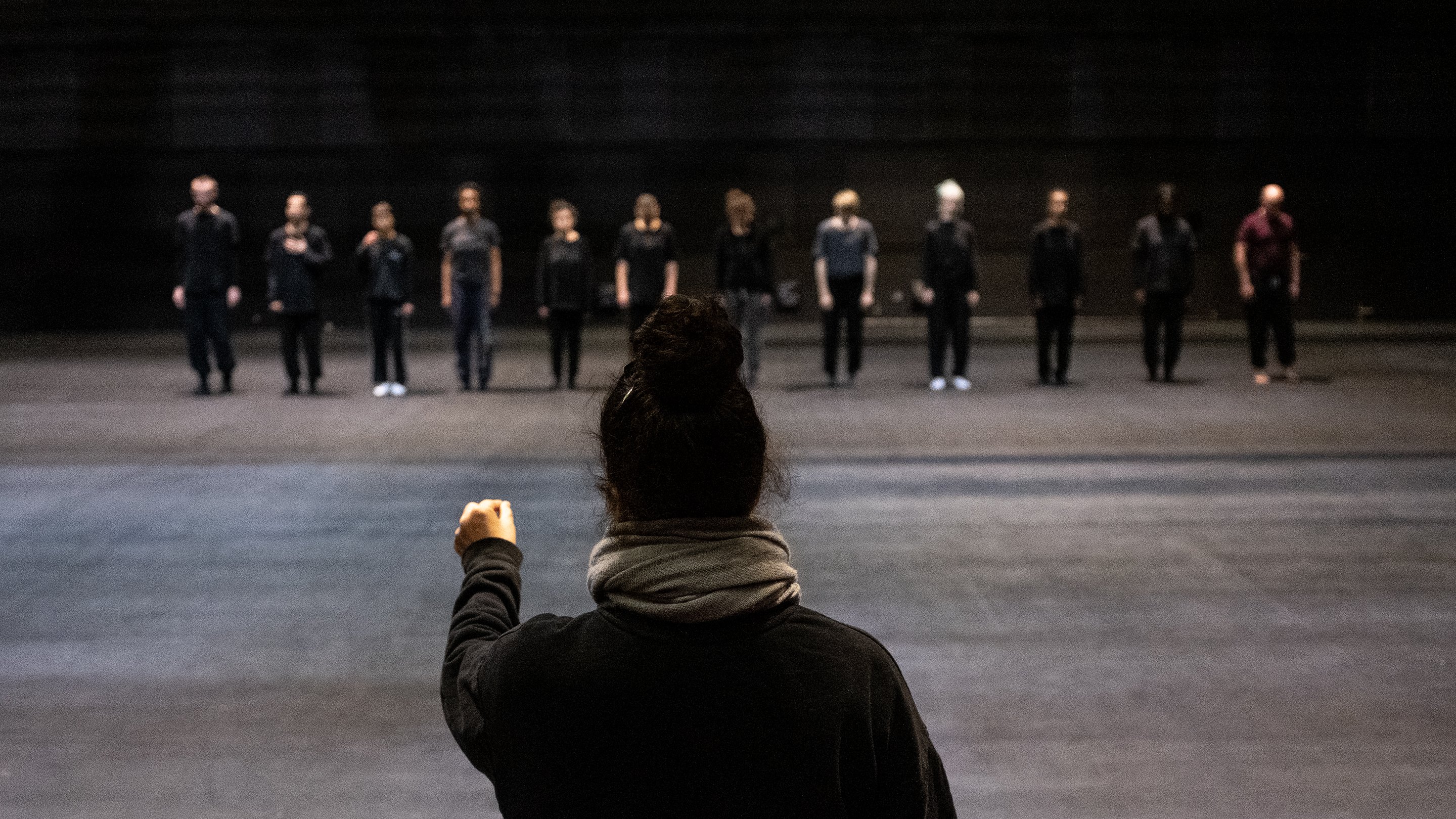 Nacera Belaza from behind, and facing her, 12 dancers in a line dressed in black